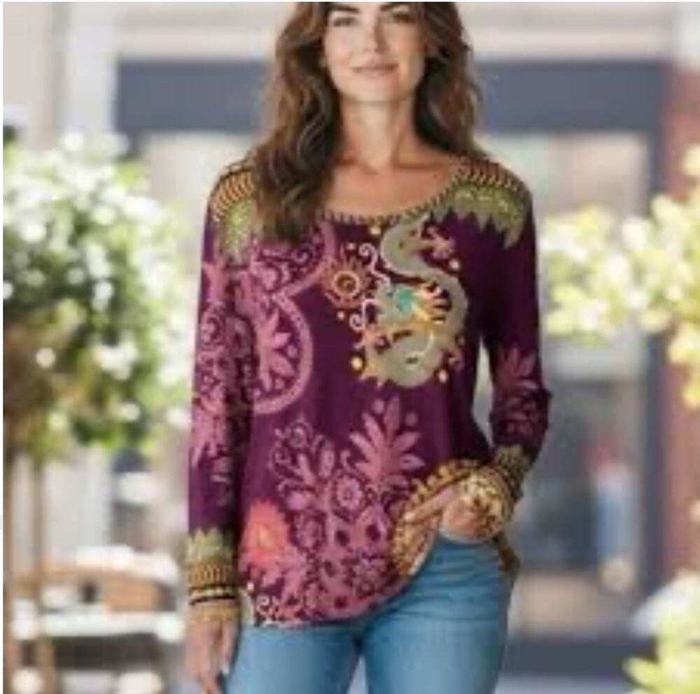 Johnny Was Dragon Long Sleeve Bamboo Crew Tee Floral Top XL Boho Chic whimsical